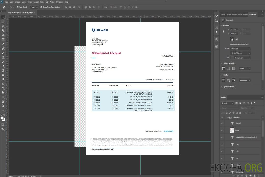 Relevé bancaire Bitwala du Royaume-Uni, modèle Word et PDF template Relevé bancaire Bitwala du Royaume-Uni, modèle Word et PDF template